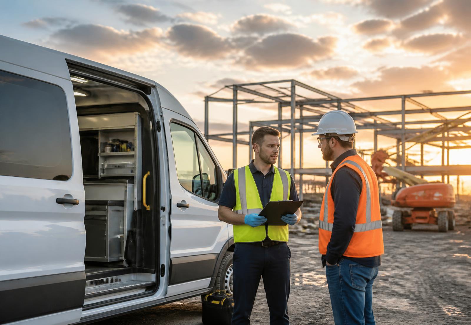 CrewAssure technician meeting a site supervisor beside a mobile testing van at an industrial jobsite